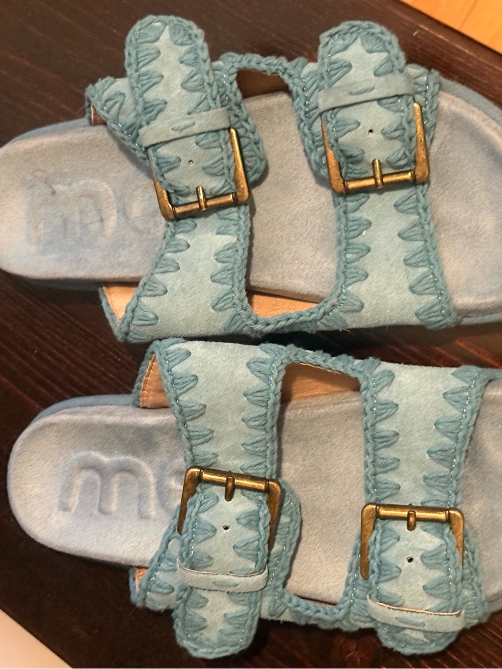 Mou Light Blue Double-Buckle Suede Slide Sandals
